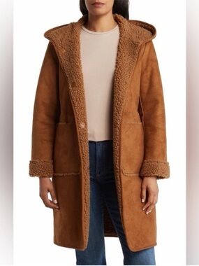 Michael Kors Tan Suede Shearling Hooded Trench Coat